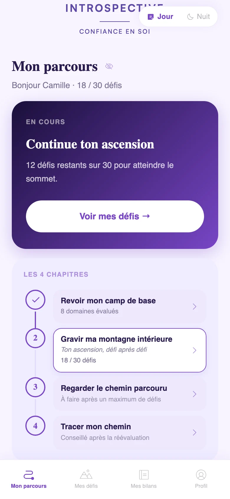 Capture de l’application : l’écran « Mon parcours », avec 18 défis sur 30 et la liste des quatre chapitres.
