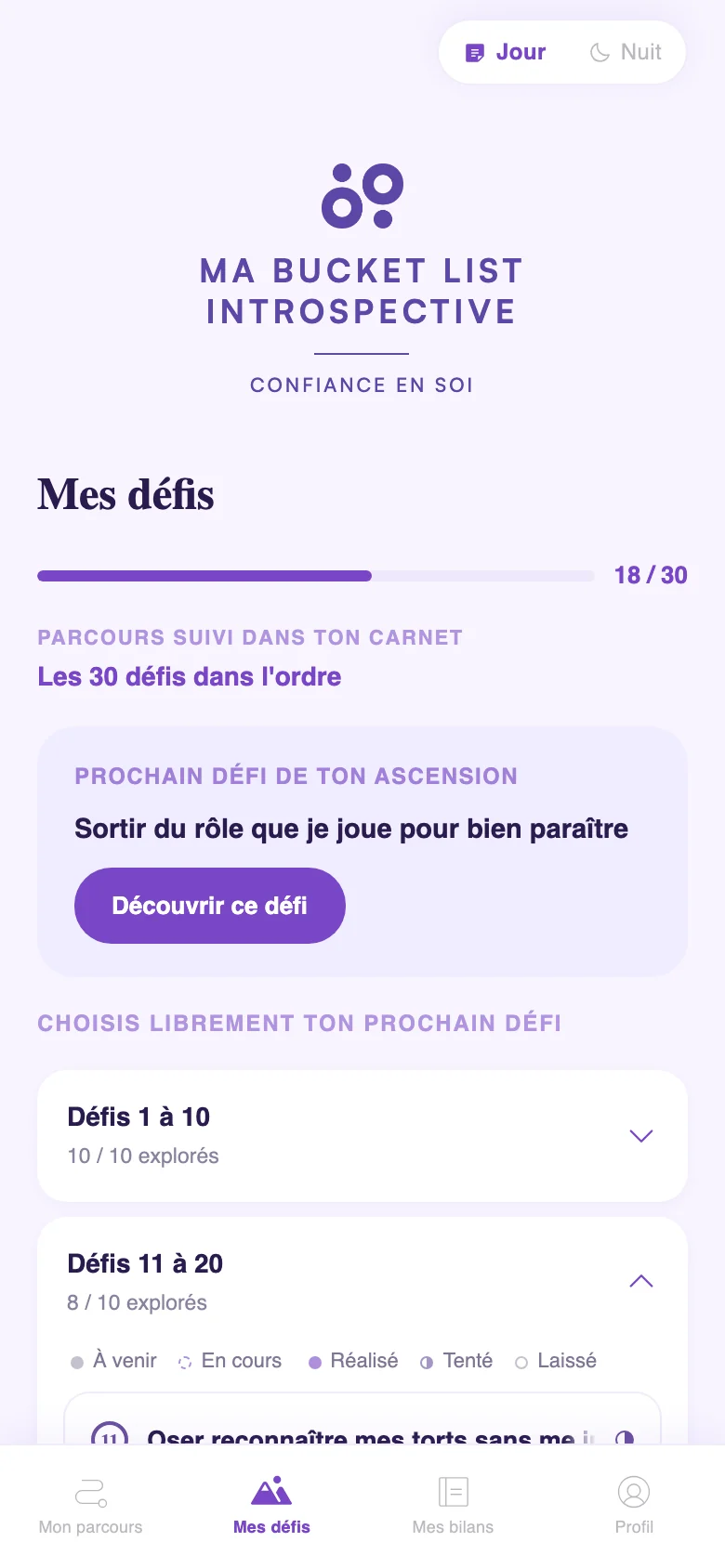 Capture de l’application : l’écran « Mes défis », avec la progression 18 sur 30 et les défis par groupe de dix.