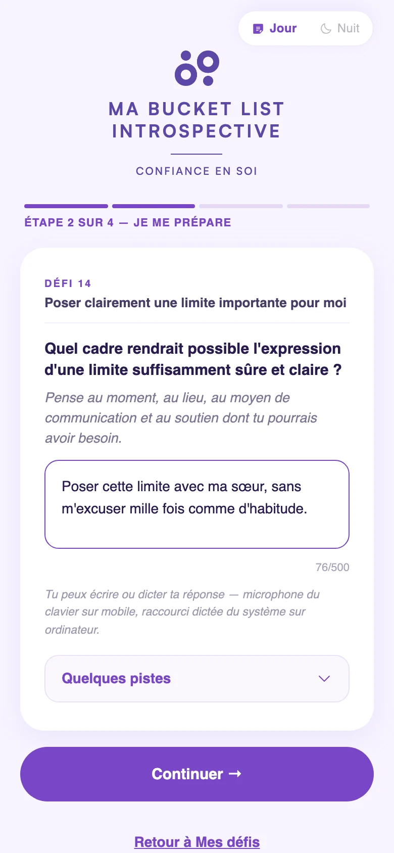 Capture de l’application : étape « Je me prépare » du défi 14, avec une question et une réponse en cours de saisie.
