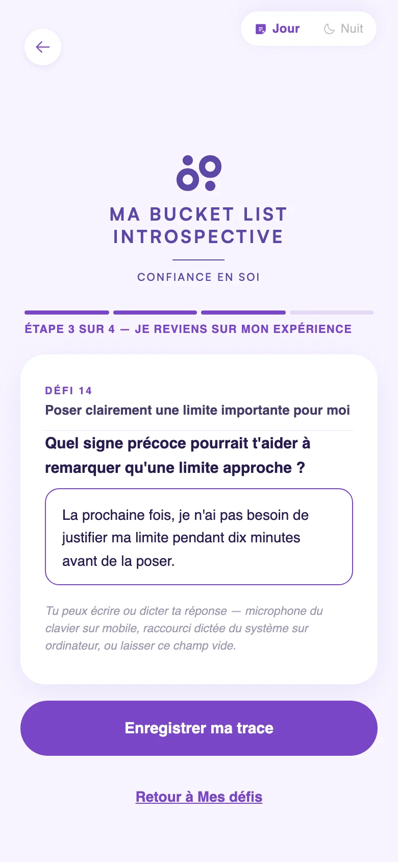 Capture de l’application : étape « Je reviens sur mon expérience » du défi 14, avec le retour rempli.