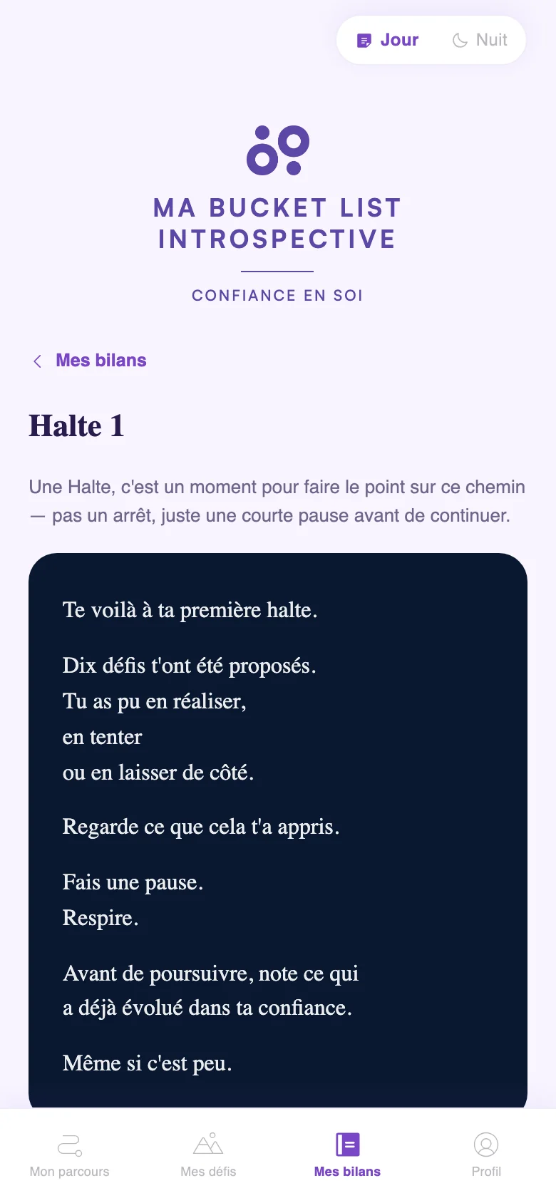 Capture de l’application : l’écran « Halte 1 », avec un texte d’accompagnement.