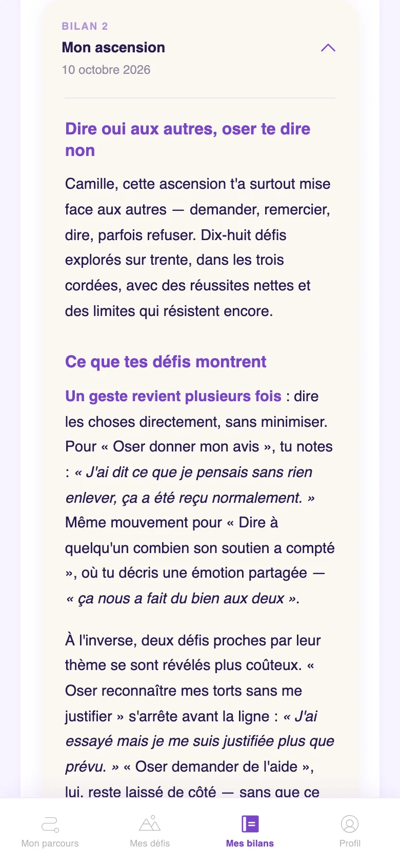 Capture de l’application : l’écran « Mes bilans », avec un bilan d’Alto à la fin du deuxième chapitre.