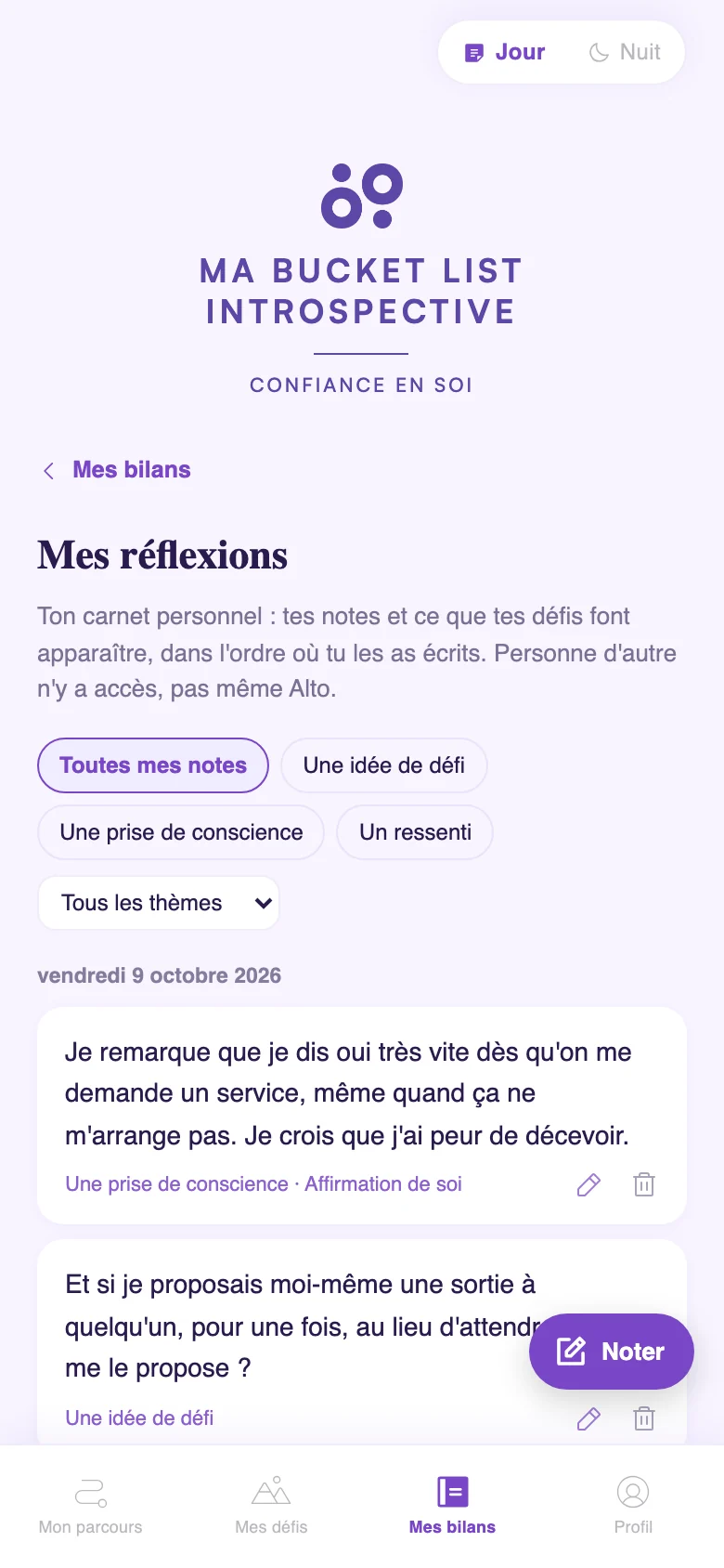 Capture de l’application : l’écran « Mes réflexions », avec des notes classées par type et par thème.