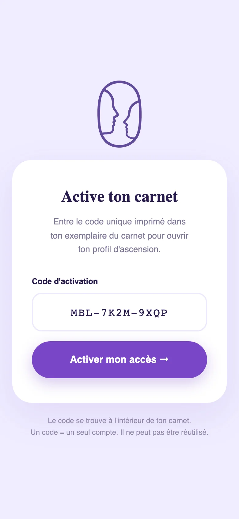 Capture de l’application : la page « Active ton carnet », avec un champ pour saisir le code d’activation.