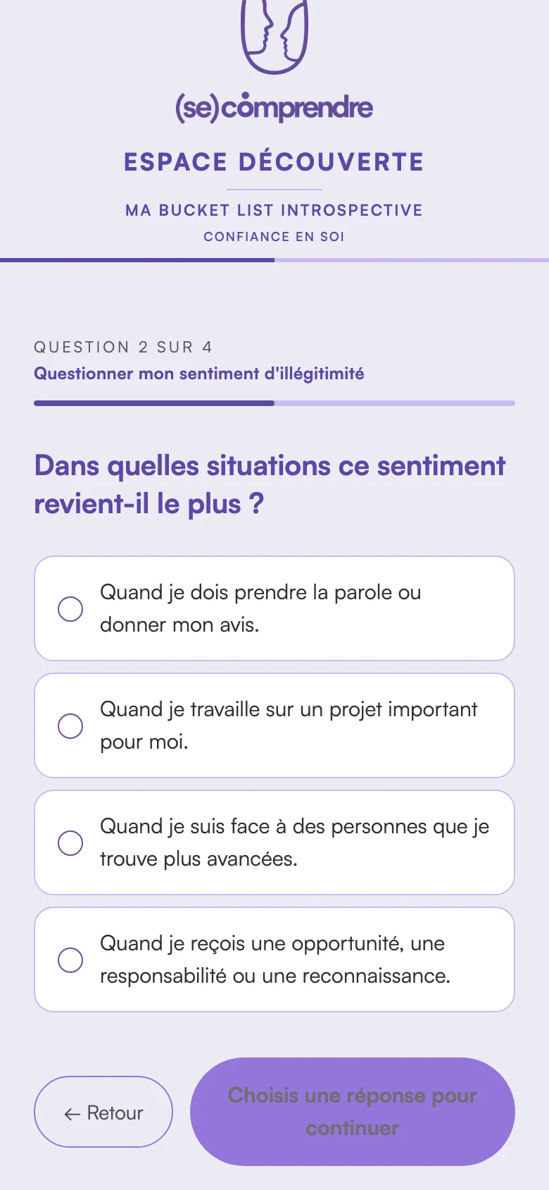 Capture de l’Espace Découverte : la question 2 sur 4 de l’évaluation de départ, avec quatre réponses possibles.