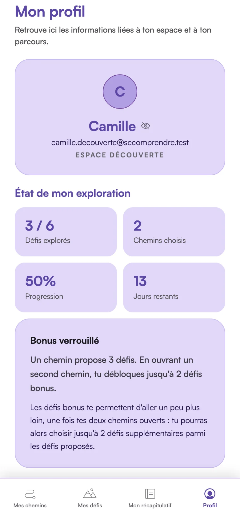 Capture de l’Espace Découverte : l’écran « Mon profil », avec les défis explorés, la progression et les jours restants.