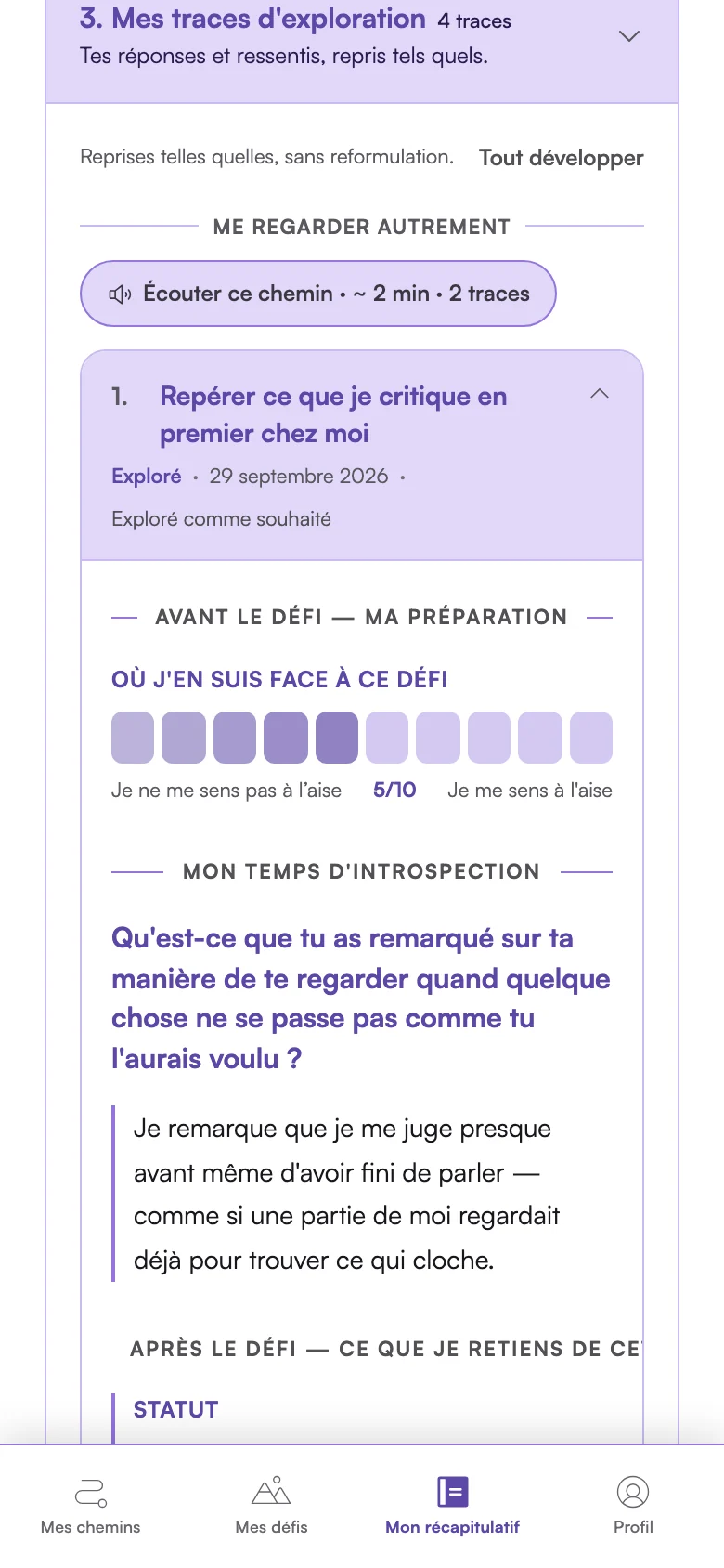 Capture de l’Espace Découverte : l’écran « Mes traces d’exploration », avec une préparation et une réponse écrite.