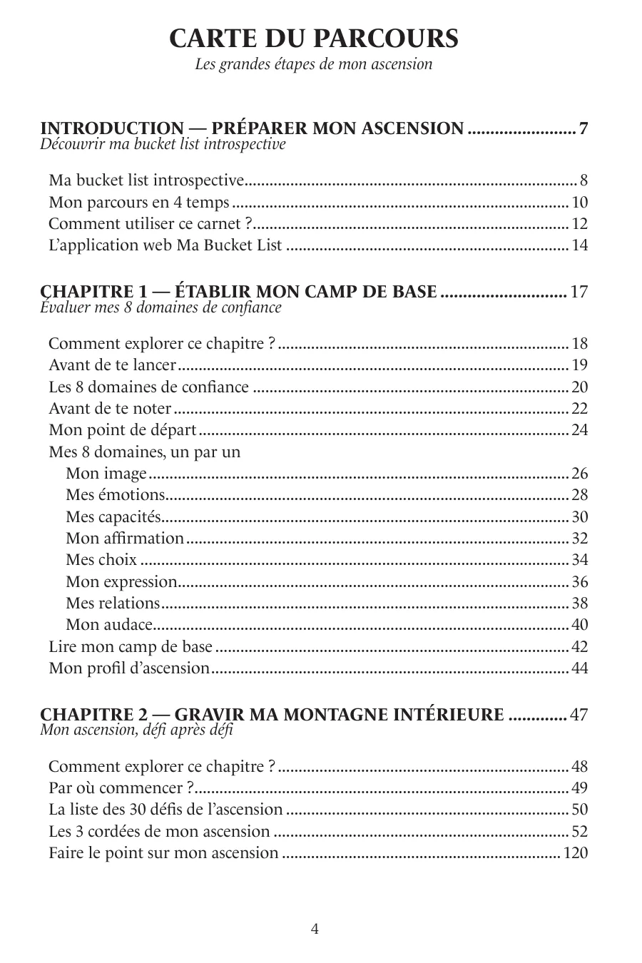 Page « Carte du parcours » du carnet : le sommaire de l’introduction, du chapitre 1 et du chapitre 2.