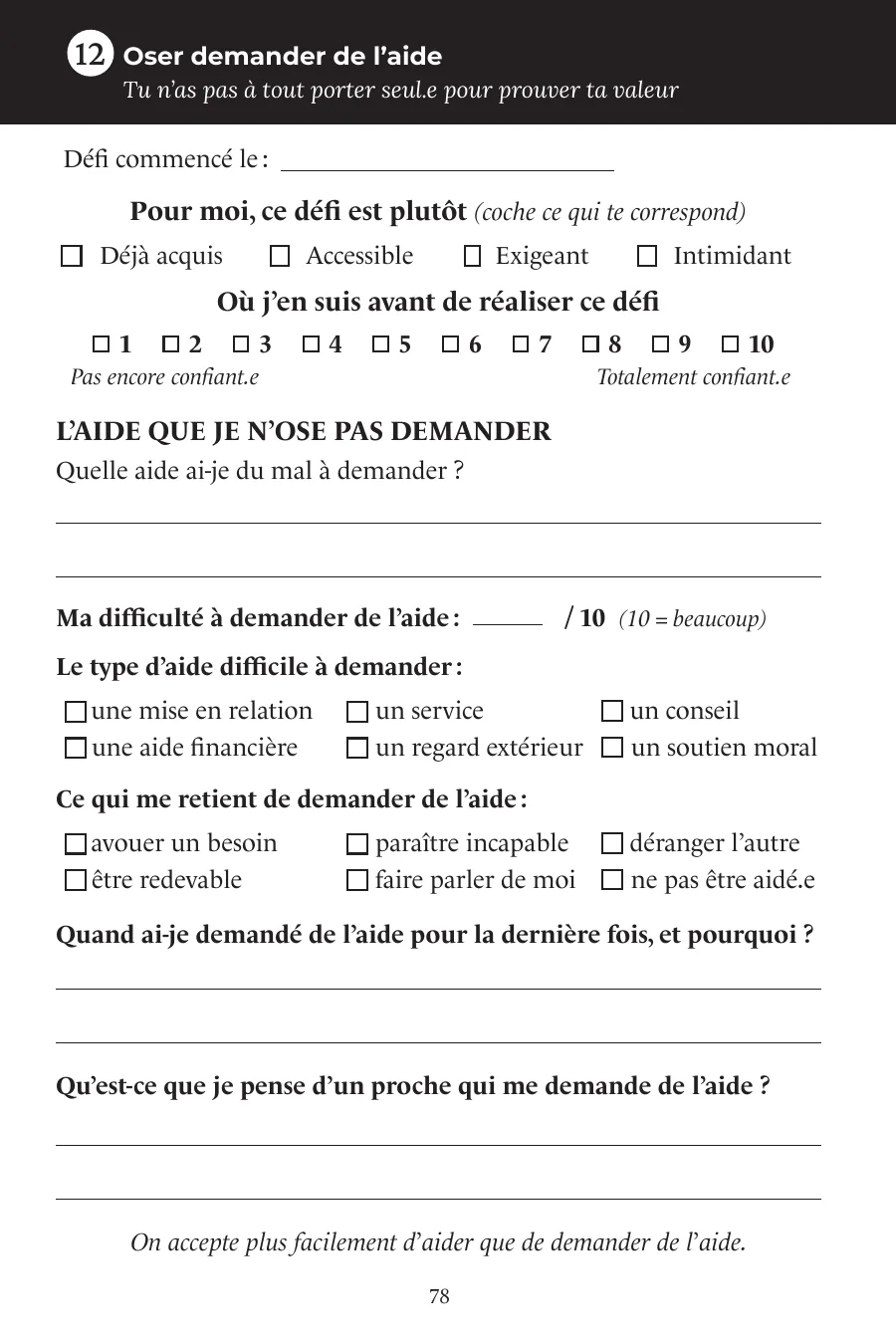 Page de gauche du défi 12, « Oser demander de l’aide » : l’état des lieux avant le défi.