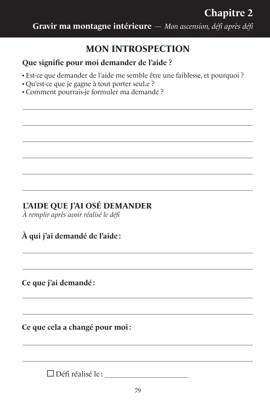 Page de droite du défi 12 : « Mon introspection » et l’aide qu’on a osé demander.